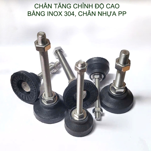 01 Chân tăng chỉnh độ cao bằng inox 304 đế nhựa PP, trục M8-10-12, dài 60-100mm tùy chọn