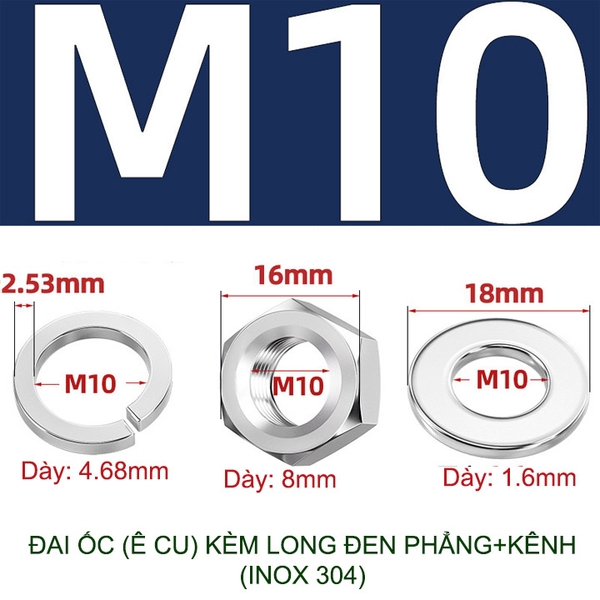 Đai ốc (Ê cu) bằng inox 304, có kèm long đen phẳng và kênh M6-M8-M10-M12 tùy chọn (bộ 5-10 cái)