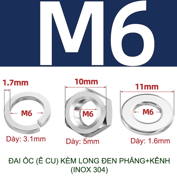 Đai ốc (Ê cu) bằng inox 304, có kèm long đen phẳng và kênh M6-M8-M10-M12 tùy chọn (bộ 5-10 cái)