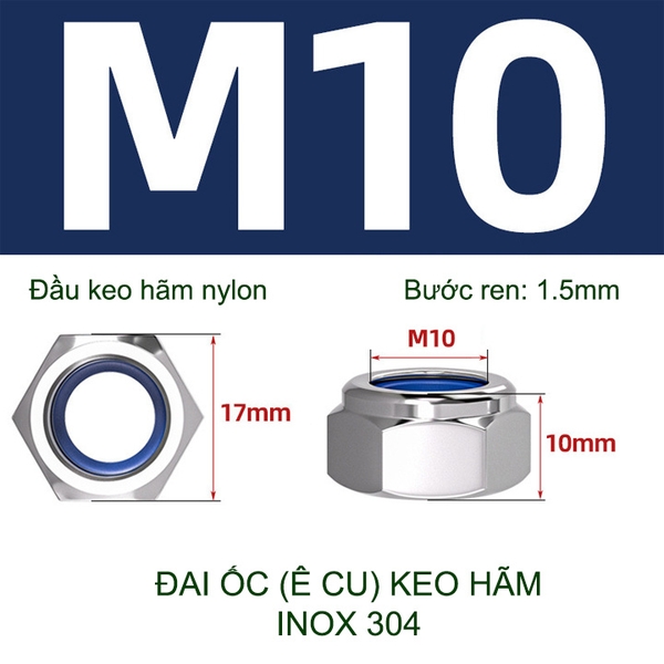 Đai ốc (Ê cu) bằng inox 304 đầu có keo hãm M6-M8-M10-M12 tùy chọn (bộ 5-10 cái)