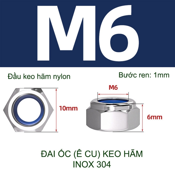 Đai ốc (Ê cu) bằng inox 304 đầu có keo hãm M6-M8-M10-M12 tùy chọn (bộ 5-10 cái)