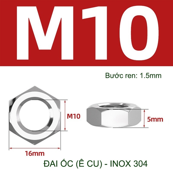 Đai ốc (Ê cu) mỏng bằng inox 304 loại M6-M8-M10-M12 tùy chọn (bộ 5-10 cái)