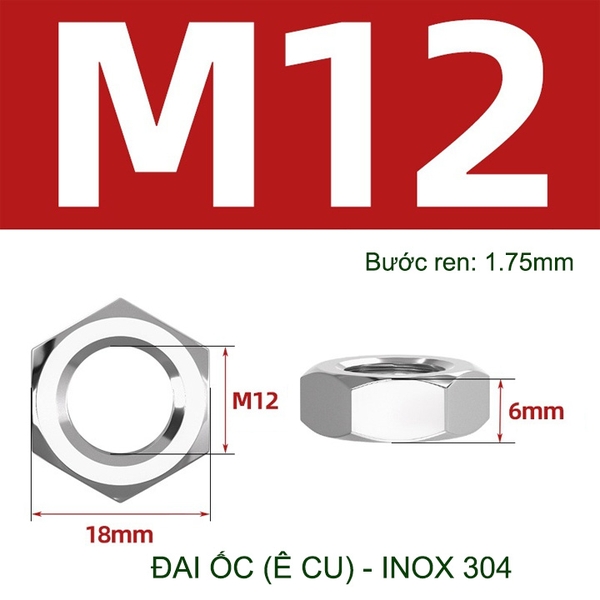 Đai ốc (Ê cu) mỏng bằng inox 304 loại M6-M8-M10-M12 tùy chọn (bộ 5-10 cái)