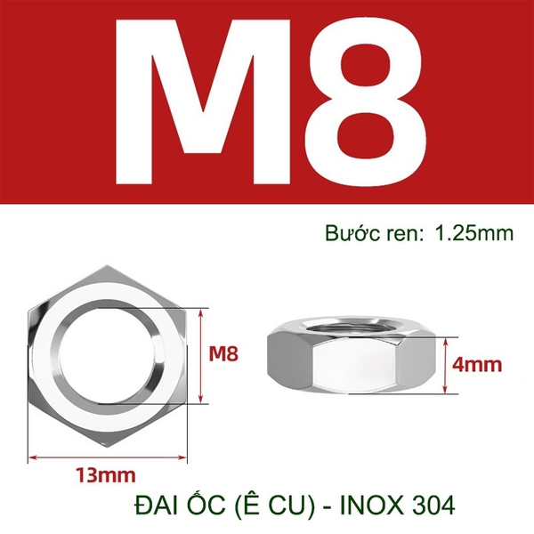 Đai ốc (Ê cu) mỏng bằng inox 304 loại M6-M8-M10-M12 tùy chọn (bộ 5-10 cái)