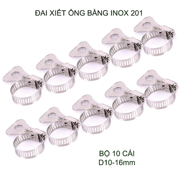 Bộ 10 đai xiết ống bằng inox 201 không gỉ, có nhiều kích cỡ cho khách lựa chọn