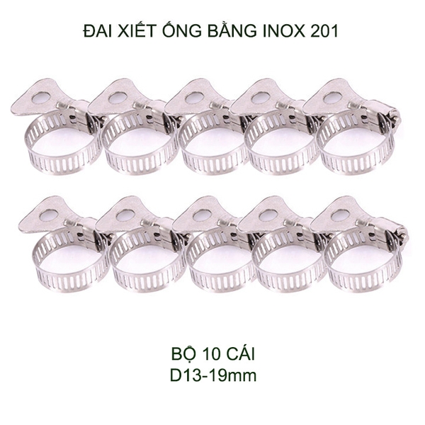 Bộ 10 đai xiết ống bằng inox 201 không gỉ, có nhiều kích cỡ cho khách lựa chọn