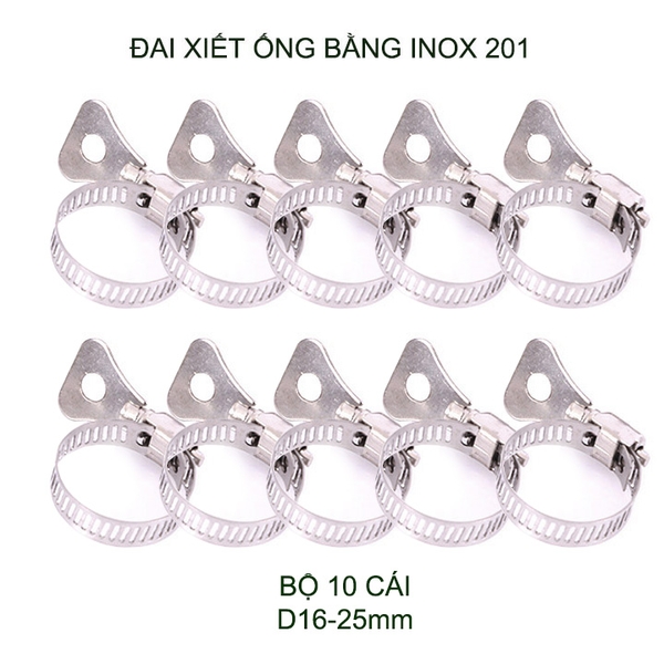 Bộ 10 đai xiết ống bằng inox 201 không gỉ, có nhiều kích cỡ cho khách lựa chọn