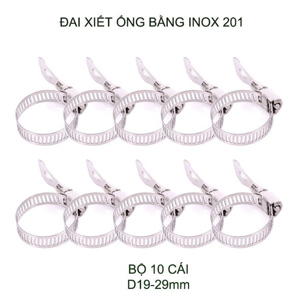 Bộ 10 đai xiết ống bằng inox 201 không gỉ, có nhiều kích cỡ cho khách lựa chọn