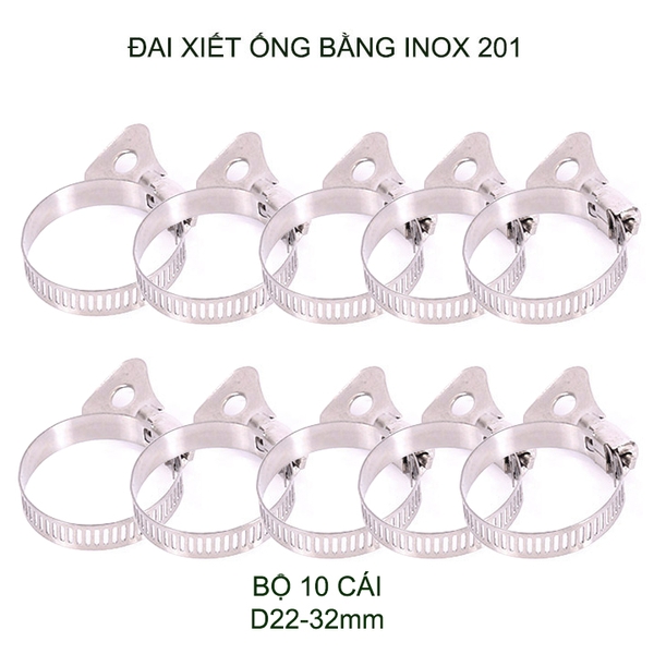 Bộ 10 đai xiết ống bằng inox 201 không gỉ, có nhiều kích cỡ cho khách lựa chọn