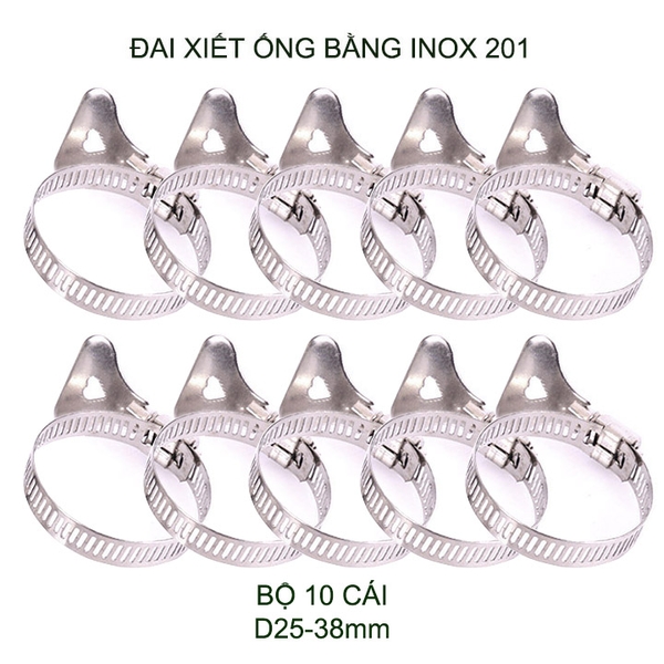 Bộ 10 đai xiết ống bằng inox 201 không gỉ, có nhiều kích cỡ cho khách lựa chọn