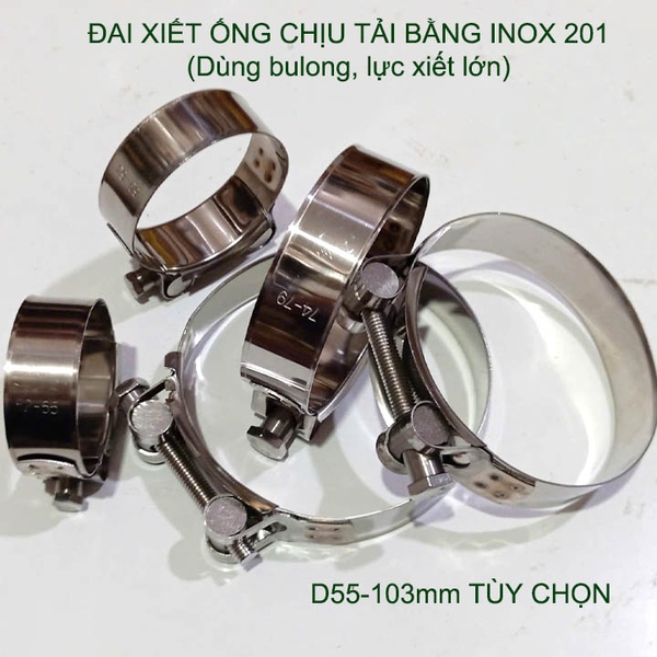 01 Đai xiết ống tròn chịu tải bằng inox 201, dùng bulong xiết rất chắc chắn (D55-103mm tùy chọn)