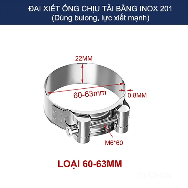 01 Đai xiết ống tròn chịu tải bằng inox 201, dùng bulong xiết rất chắc chắn (D55-103mm tùy chọn)