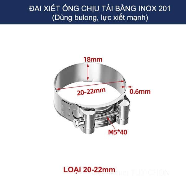 Bộ 2 đai xiết ống tròn chịu tải bằng inox 201, dùng bulong xiết rất chắc chắn (D17-43mm tùy chọn)