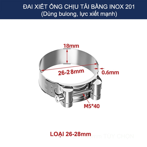 Bộ 2 đai xiết ống tròn chịu tải bằng inox 201, dùng bulong xiết rất chắc chắn (D17-43mm tùy chọn)