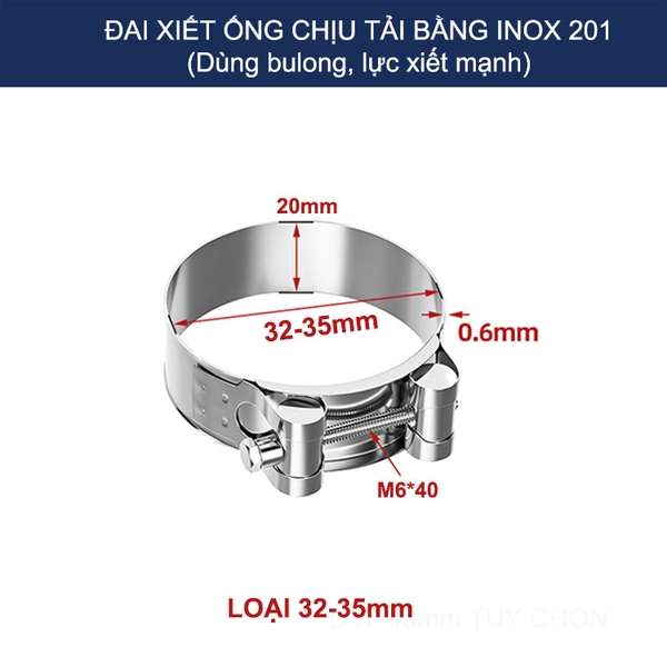 Bộ 2 đai xiết ống tròn chịu tải bằng inox 201, dùng bulong xiết rất chắc chắn (D17-43mm tùy chọn)