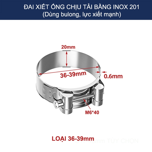 Bộ 2 đai xiết ống tròn chịu tải bằng inox 201, dùng bulong xiết rất chắc chắn (D17-43mm tùy chọn)