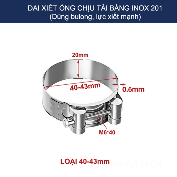 Bộ 2 đai xiết ống tròn chịu tải bằng inox 201, dùng bulong xiết rất chắc chắn (D17-43mm tùy chọn)