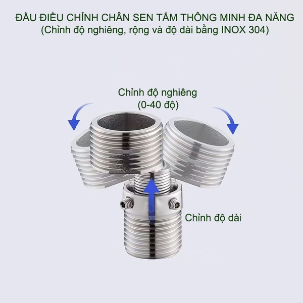 01 Phụ kiện chân sen tắm nóng lạnh điều chỉnh nghiêng, lệch tâm, độ dài thông minh thế hệ mới bằng inox 304