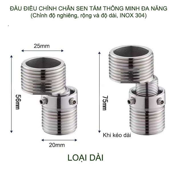 01 Phụ kiện chân sen tắm nóng lạnh điều chỉnh nghiêng, lệch tâm, độ dài thông minh thế hệ mới bằng inox 304