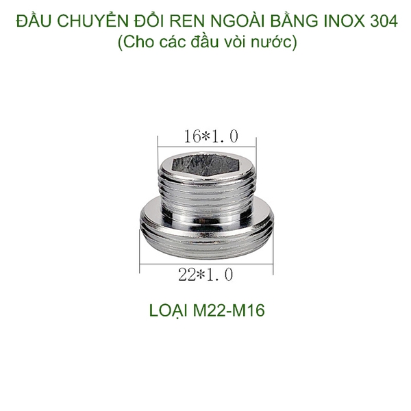 01 Đầu nối chuyển đổi vòi nước bằng inox 304, 1 đầu ren ngoài 22, 1 đầu ren ngoài 16-18-20-22-24 tùy chọn