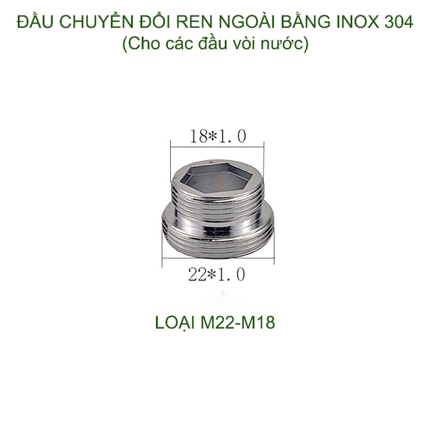 01 Đầu nối chuyển đổi vòi nước bằng inox 304, 1 đầu ren ngoài 22, 1 đầu ren ngoài 16-18-20-22-24 tùy chọn