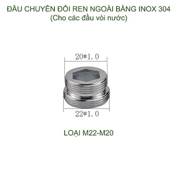 01 Đầu nối chuyển đổi vòi nước bằng inox 304, 1 đầu ren ngoài 22, 1 đầu ren ngoài 16-18-20-22-24 tùy chọn