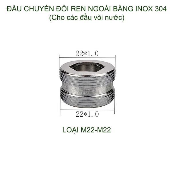01 Đầu nối chuyển đổi vòi nước bằng inox 304, 1 đầu ren ngoài 22, 1 đầu ren ngoài 16-18-20-22-24 tùy chọn