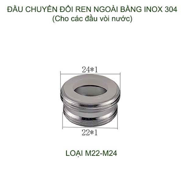 01 Đầu nối chuyển đổi vòi nước bằng inox 304, 1 đầu ren ngoài 22, 1 đầu ren ngoài 16-18-20-22-24 tùy chọn