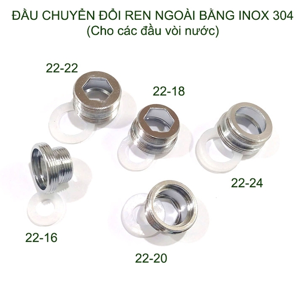 01 Đầu nối chuyển đổi vòi nước bằng inox 304, 1 đầu ren ngoài 22, 1 đầu ren ngoài 16-18-20-22-24 tùy chọn