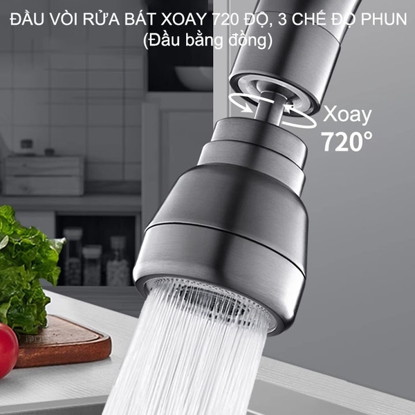 Đầu vòi chậu rửa bát xoay 720 độ, đầu bằng đồng, 3 chế độ phun
