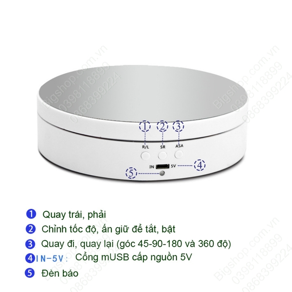 Đế xoay trưng bày sản phẩm, loại nhỏ 138mm mặt gương, có dây cấp nguồn