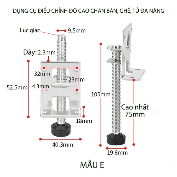 Dụng cụ điều chỉnh độ cao chân tủ, bàn, ghế đa năng làm thép mạ kẽm chống gỉ