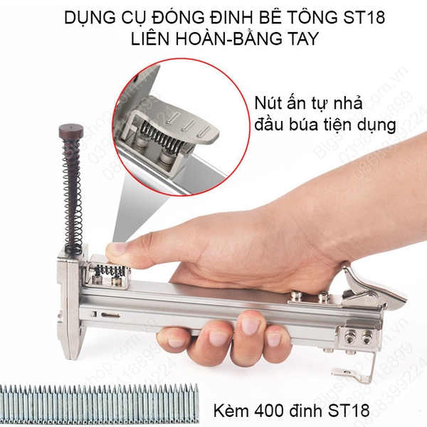 Dụng cụ hỗ trợ đóng đinh bê tông liên hoàn kèm 400 đinh ST18 (Có nút ấn tự nhả đầu búa-Loại tốt)