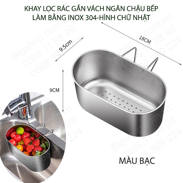 Khay lọc rác lọc đồ thừa gắn vách ngăn chậu rửa bát đôi, làm bằng inox 304 (I304P2)-hình elip
