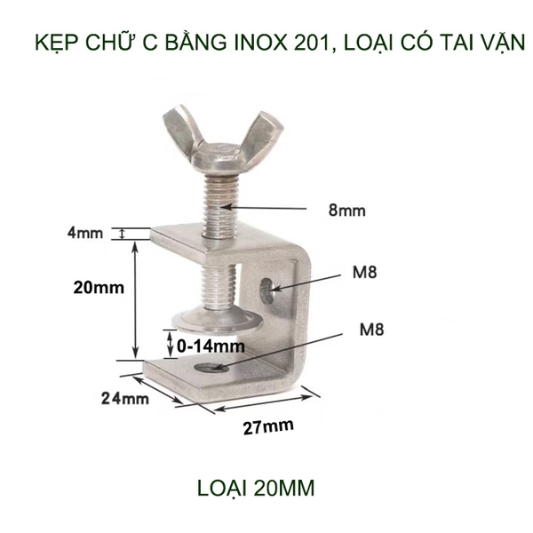 01 Kẹp chữ C bằng inox 304 dày dặn, loại nhỏ 20mm, đầu bulong có tai vặn, dùng cho nghề mộc, cơ khí