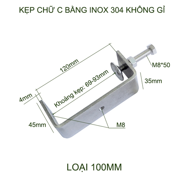 01 Kẹp chữ C bằng inox 304 không gỉ, dày dặn chắc chắn dùng cho nghề mộc (kích cỡ lớn)