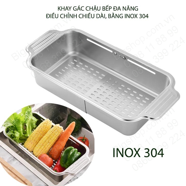 Khay rổ inox 304 gác chậu bếp thông minh xếp gọn, để đồ đa năng