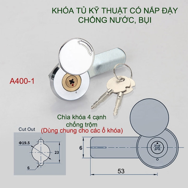 Khóa tủ kỹ thuật có nắp che chống nước, bụi, kèm 2 chìa khóa 4 cạnh (loại chìa khóa dùng chung)