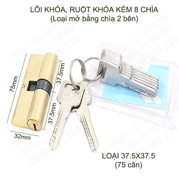 Lõi khóa cửa tay gạt bằng đồng, khóa 2 bên kèm 8 chìa, có nhiều kích cỡ cho khách lựa chọn