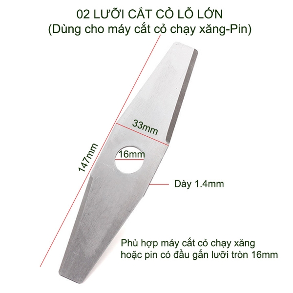 (Phụ kiện máy cắt cỏ chạy xăng) Bộ 2 Lưỡi cắt cỏ thép dẹt dài 147mm, lỗ lớn D16mm