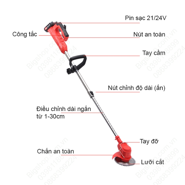 Máy cắt cỏ chạy pin sạc 21V-850W, kèm theo các loại lưỡi cắt