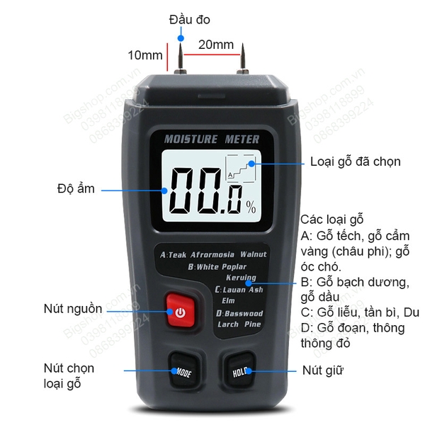 Máy đo độ ẩm tổ yến, gỗ, đo độ ẩm sàn gỗ, đo độ ẩm thùng carton, tường WM001