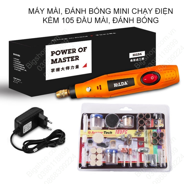 Máy mài, đánh bóng mini cầm thay chạy điện 220V/12VDC (loại tốt) kèm bộ phụ kiện đầu mài, đánh bóng