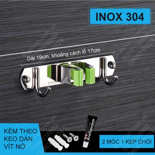 Móc treo kẹp giữ chổi đa năng bằng inox 304, dùng keo dán hoặc vít