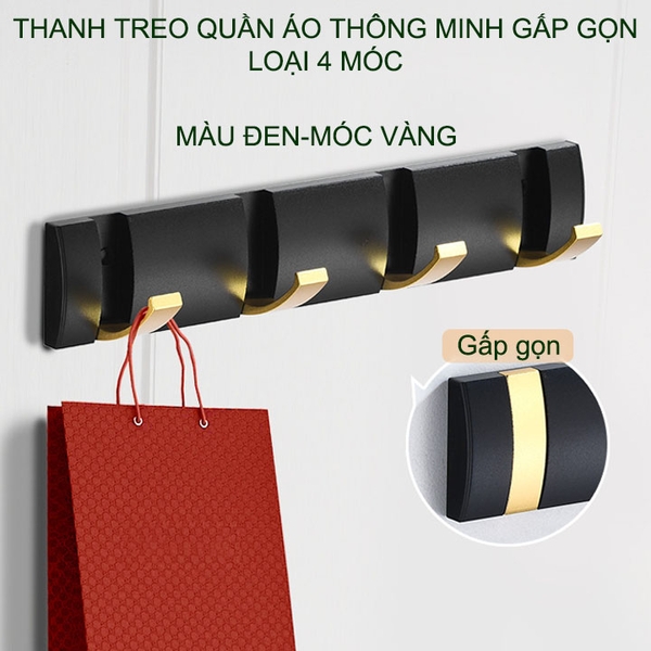 Thanh 4 móc treo quần áo thông minh gấp gọn bằng hợp kim nhôm sơn tĩnh điện, bền và sang trọng