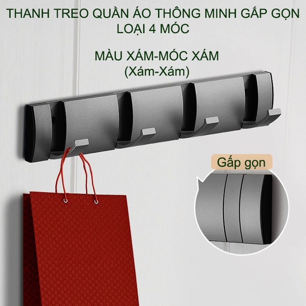 Thanh 4 móc treo quần áo thông minh gấp gọn bằng hợp kim nhôm sơn tĩnh điện, bền và sang trọng
