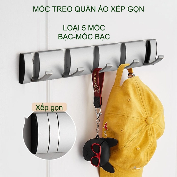 Thanh 5 móc treo quần áo gấp gọn thông minh gắn tường, bằng hợp kim nhôm sơn tĩnh điện, dùng trong nhà tắm, phòng thay đồ