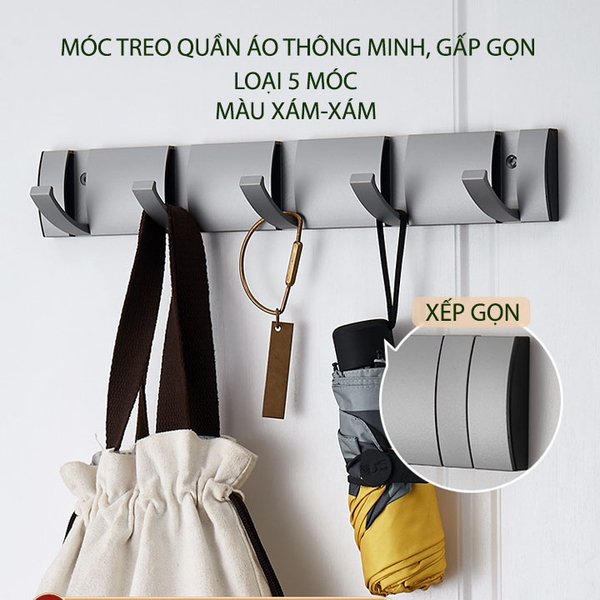 Thanh 5 móc treo quần áo gấp gọn thông minh gắn tường, bằng hợp kim nhôm sơn tĩnh điện, dùng trong nhà tắm, phòng thay đồ