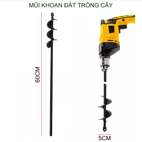 Mũi khoan đất trồng cây, loại đường kính 5cm, chiều dài 60cm