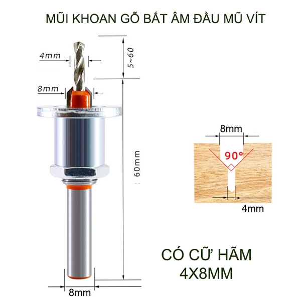 Mũi khoan gỗ bắt âm đầu mũ vít, loại có cữ hãm, đầu âm 8mm, nhiều kích cỡ cho khách lựa chọn